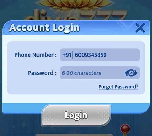 Diwa777 Login Screen